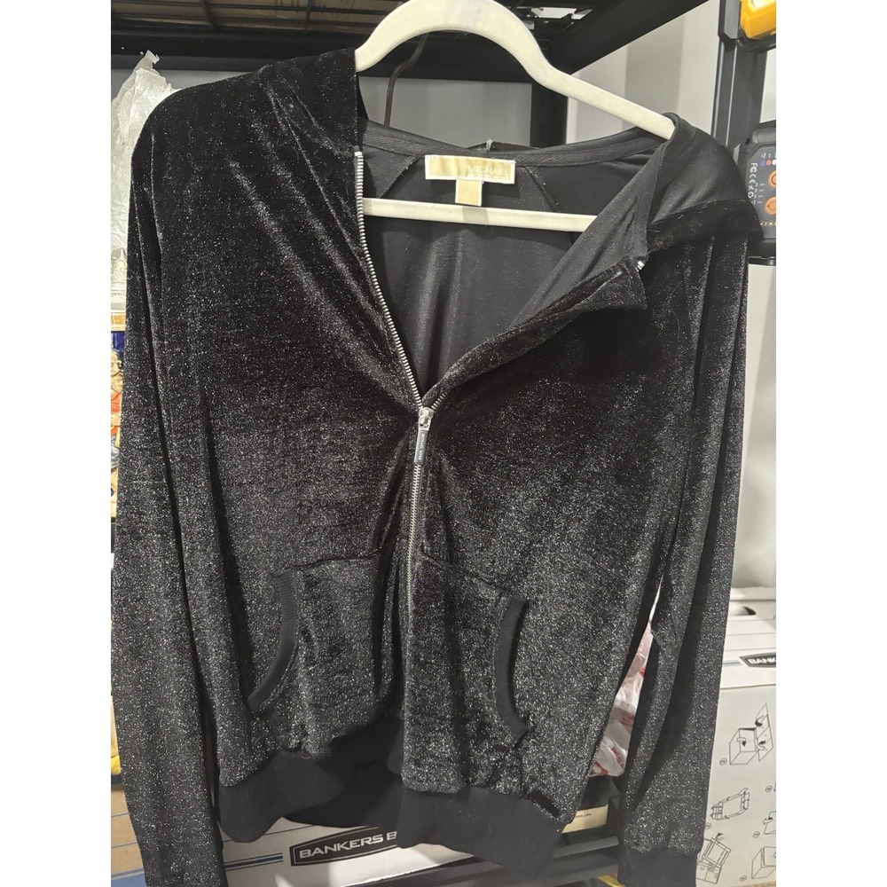 Michael Kors Women's Shiny Black M Zip Up Hoodie